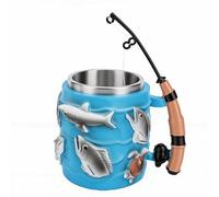 Luocute Mug à café sur le Thème de la Pêche, en Acier Inoxydable et Résine, avec un Motif de Poisson en Relief 3D et une Anse Pivotante en Forme de Canne à Pêche. Idéal comme Cadeau pour
