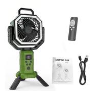 Luocute Ventilateur de Camping, Batterie Rechargeable 20 000 MAh avec Trépied, Télécommande, Lumière LED, 4 Vitesses, 3 Niveaux D'éclairage, Oscillation, Ventilateur Portable Compatible (GREEN)