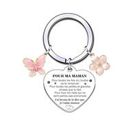 LUODAN Cadeau Maman Porte-clés Fête des Mères Sentimental pour Maman avec Papillon Rose et Fleur, Message d'Amour en Français, Porte-clés de Cœur pour Maman Noël Anniversaire (1)