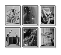 Luodroduo Lot de 6 impressions d'art mural tendance noir et blanc, glamour féministe, rétro, luxueuse, moderne, champagne, boule à effet miroir, décoration murale pour salon, chambre à coucher (A,