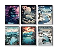 Luodroduo - Lot de 6 impressions murales japonaises de paysage japonais - Décoration murale vintage Ukiyoe - Impression sur toile pour salon, chambre à coucher