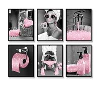 Luodroduo Lot de 6 impressions sur toile à paillettes, noir et blanc, rose, glamour, affiches d'œuvres d'art modernes et amusantes pour salle de bain (noir et blanc, rose, 20,3 x 25,4 cm, sans cadre)