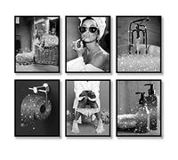 Luodroduo Lot de 6 impressions sur toile de décoration murale tendance pour salle de bain, noir et blanc, glamour à paillettes, affiches d'œuvres d'art modernes et amusantes (noir et blanc, 20,3 x