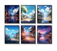 Luodroduo Lot de 6 toiles murales japonaises d'architecture rurale japonaise - Illustration de paysage abstrait - Décoration murale de rues de campagne - Poster pour salon, chambre à coucher (C, 27,9
