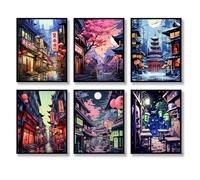 Luodroduo Lot de 6 toiles murales japonaises d'architecture rurale japonaise - Illustration de paysage abstrait - Décoration murale de rues de campagne - Poster pour salon, chambre à coucher (A, 20,3