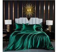Luofanfei Housse de Couette 140x200 4 Piece Satin Vert foncé Parure de lit Unie Adulte 2 Personne Ensemble Literie Modern Uni Linge de Lit avec Fermeture éclair et 2X 65x65cm Taies d'oreiller
