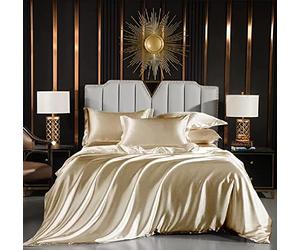 Luofanfei Parure de lit 140x200 4 Pieces Doree Satin Adulte 2 Personnes Unie Sets de Housse de Couette Modern Ensemble Literie Uni Linge de lit avec Fermeture éclair et 2X 65x65cm Taies d'oreiller