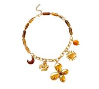 LUOFENG Élégant collier de perles de soleil vintage en acier inoxydable et résine pour femme