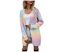 luohaibell Cardigan Longue Pull Tricot Femme Tie-Dye Arc en Ciel Gradient Color Manches Longues Casual Lâche Sweater Rose XL