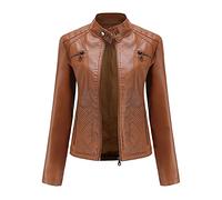 luohaibell Simili Cuir Biker Manteau Femme Veste en Cuir col Montant Pour Femme Mode Zippé Biker Blouson Marron M