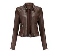 luohaibell Veste en Cuir Blazer Pour Femme Simili Cuir Biker Manteau Femme Minceur col Montant Mode Zippé Biker Blouson Marron S