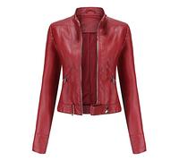 luohaibell Veste en Cuir Blazer Pour Femme Simili Cuir Biker Manteau Femme Minceur col Montant Mode Zippé Biker Blouson Rouge XXL