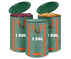 LUOJINYI Lot de 3 sacs à déchets de jardin solides de 120 l - Autonomes - Avec couvercle et poignées - Réutilisables - Pour couper les feuilles vertes, les feuilles, la pelouse, les déchets de jardin