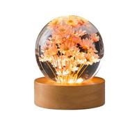 luolety Veilleuse boule de cristal de fleur, lampe boule de verre de 6 cm avec bois avec base de lumière LED, lampe de nuit de spécimen de fleur de chargement USB avec support (marguerite rouge)