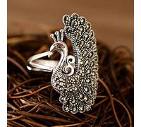 LuoMei Bague Rétro S925 Argent Sterling Incrusté de Marcassite Thaïlandais Argent Paon Bague Réglable Femmepaon