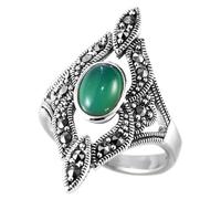 LuoMei Bague Rétro S925 Argent Sterling Style Palais Rétro Marcassite Agate Verte Bague Femme Sculptée1, 60mm