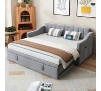 Luonians Canapé-lit rembourré 90/180×190 cm avec Prise et Poche de Rangement, canapé-lit Multifonction 2 en 1, Tissu Velours, Gris Clair (Matelas Non Inclus)