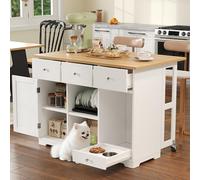 Luonians Îles de Cuisine Mobiles 120x70x90 cm avec Plan de Travail, tiroir,Meuble de Cuisine avec gamelle/Coin Repas pour Animaux,Blanc