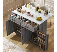 Luonians Îles de Cuisine Mobiles avec Rangement et Plan de Travail Pliable,tiroirs,étagères intégrées,Porte-Serviettes,Chariot de Salle à Manger/Buffet 129x46-71x91,5 cm,Cuisine Meuble (B-Gris)