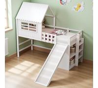 Luonians Lit cabane Enfants 90 x 200 cm,lit Enfant cabane lit superposé Enfant Haut et Bas,lit Mezzanine escalier,Forme de Toit,pour garçons et Filles, avec échelle de sécurité et Rangement (Blanc-2)