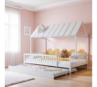 Luonians Lit cabane Enfants avec lit gigogne 120x200/190cm, Toit avec Bande de cheminée, lit Enfant, lit Adolescent, avec barrière à 3 côtés, pin+MDF, Blanc