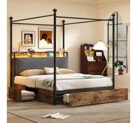 Luonians Lit Double en Fer avec éclairage LED,USB/Type-C,lit Coffre avec tiroir et Colonne Amovible,Cadre de lit 140x190 avec sommier (B-Noir + Bois,140x190)