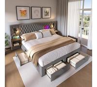 Luonians Lit Double rembourré avec Lampe de Lecture et Port de Chargement USB,2 Tables de Chevet et 4 tiroirs,lit Coffre 160x200,Cadre de lit 160x 200 avec sommier, Velours,Gris