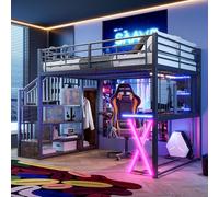 Luonians Lit Mezzanine 1 Place en Fer 140 x 200 cm,lit superposé Adulte avec éclairage LED,lit Mezzanine avec Bureau,lit Enfant avec Rangement,Enfant avec Barriere,Mezzanine escalier,penderie,Noir