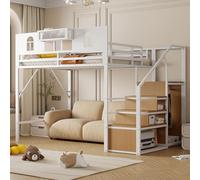 Luonians Lit Mezzanine 140 x 200 cm, lit en métal avec échelle de Rangement, fenêtre, Panneaux en Bois et Filet, barrière de sécurité surélevée pour Le Rangement, Blanc (Matelas Non Inclus)