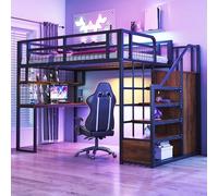 Luonians Lit Mezzanine 140 x 200 cm, lit métallique avec échelle de Rangement et Armoire Simple avec étagères, Table et barrière. Lit Mezzanine Double, Noir (Matelas Non Inclus).