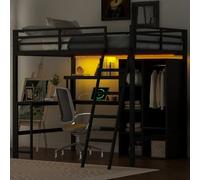 Luonians Lit Mezzanine 140x200 cm, avec lumière LED, Bureau avec Port USB, lit Mezzanine en métal, Armoire Ouverte et Multiples Compartiments de Rangement, Noir (Matelas Non Inclus).、