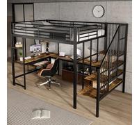 Luonians Lit Mezzanine en Fer 120x200 avec Port de Charge USB,Bureau avec Tablette pour Clavier et Espace de Rangement,escalier d'angle,lit superposé,Cadre de lit Mezzanine 1 Place,Noir