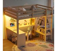 Luonians Lit Mezzanine Enfant/ado/Adulte 140x200 avec lumière LED,USB,Bureau,étagères Multifonctions,lit superposé,Cadre de lit Mezzanine 2 Places avec Garde-Corps et sommier (Naturel-140)