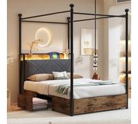 Luonians Lit Simple en Fer avec éclairage LED,USB/Type-C,lit Coffre avec tiroir et Colonne Amovible,Cadre de lit 90x190 avec sommier (B-Noir + Bois,90x190)