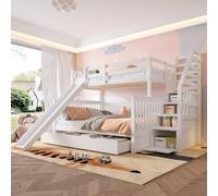 Luonians Lit superposé Enfant 90/140x200 avec Toboggan,tiroirs,Échelle de Rangement,lit Enfant Multifonctionnel,Cadre de lit cabane Enfants 90/140x200 avec Garde-Corps et sommier à Lattes (A-Blanc)
