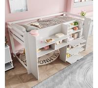 Luonians Lit superposé Enfant 90x200,Lit Mezzanine,lit Enfant avec Rangement Lit mi-Hauteur,avec Plusieurs Compartiments de Rangement et Un Espace de Divertissement sous Le lit,Blanc
