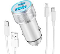 Luosike Chargeur Voiture Iphone Et Câbles, Pr Allume Cigare Usb C Rapide 38w 2 Ports (Pd/Qc) Et 2x Câbles 1m, Adaptateur Secteur 12v/24v, Compatible Avec Iphone 14/13/12/11/Pro/ /Plus/Mini/Se