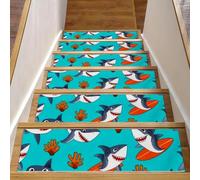 Luoweisi Lot de 15 tapis d'escalier antidérapants pour marches en bois - 76,2 x 20,3 cm - Avec adhésif réutilisable - Motif requins mignons