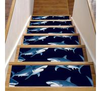 Luoweisi Lot de 15 tapis d'escalier antidérapants pour marches en bois - 76,2 x 20,3 cm - Avec adhésif réutilisable - Motif requins bleus