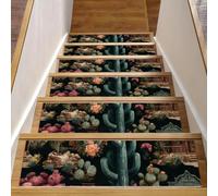 Luoweisi Lot de 15 tapis d'escalier vintage en forme de cactus pour marches en bois, 76,2 x 20,3 cm, antidérapants pour intérieur et chien, enfants, personnes âgées avec adhésif réutilisable