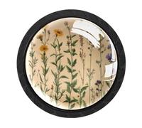 Luoweisi Lot de 4 boutons d'armoire ronds antiques à motif fleurs sauvages botaniques 35 mm, poignée de tiroir de commode, poignée de placard à trou unique avec vis pour cuisine, armoire, salle de