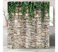 Luowenji Rideau de Douche 240x200 Mur de Pierre Rideau Douche Anti Moisissure Plantes Vertes Rideaux Douche Imprimé 3D Tissu Lavable Polyester pour Baignoire Salle de Bain, avec Crochets A.2911