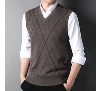 LUOY Pull sans Manche,Gilets Tricotés pour Hommes Casual Business Rayures Argyle Jacquard Marron Épaissir Le Col en V Automne Hiver Chaud Poche sans Manches Cardigan Slipover Gilet Pull Débardeurs,XL