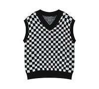LUOY Tricoté Gilet,Gilets Tricotés pour Hommes Mode Ample Noir Grille en Damier Col en V Automne Hiver Chaud sans Manches Tricots Pulls Gilet Pull Gilet en Tricot Débardeurs Chemisier, M
