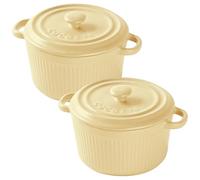 LUPATDY Lot de 2 Ramequin Four Ronds en Céramique avec Couvercle 250 ml, Petits Moules en Céramique avec Poignées pour Brûlée, Viande, Légumes, pour Friteuse à air, Lave-vaisselle, Jaune