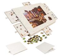 LUPATDY Table de Puzzle Inclinable, Plateau de Puzzle pour des Puzzles Jusqu'à 1000 Pièces, Plateau de Puzzles Portable avec 6 Tiroirs en Feutre avec Support et Couvercle 2-en-1 (Beige Clair)