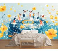LUPAXA Boîte À Musique Verte Papier Peint 230x180cm,Personnage De Dessin Animé Abstrait Décoratif,pour studios bureaux magasins salles de sport restaurants Plan de travail