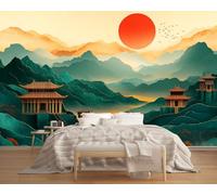 LUPAXA Lever De Soleil Sur Les Montagnes Et Les Rivières Papier Peint 150x130cm,Peinture Chinoise Décoratif,pour studios bureaux magasins salles de sport restaurants Plan de travail