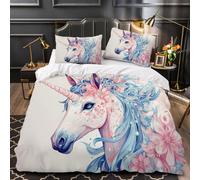 LUPAXA Licornes De Rêve Housse De Couette 200 * 200Cm Chevaux Magiques Rose-Bleu avec Fermeture Éclair 3 Pièces Parure De Lit en 100% Microfibre Ensemble De Literie pour