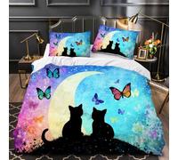 LUPAXA Multicolore Housse De Couettes Parure De Lit 3 Pièces，200 * 200Cm Chat Papillon Lune Microfibre Ensemble De Literie avec 1 Housses De Couettes 2 Taies D'Oreillers